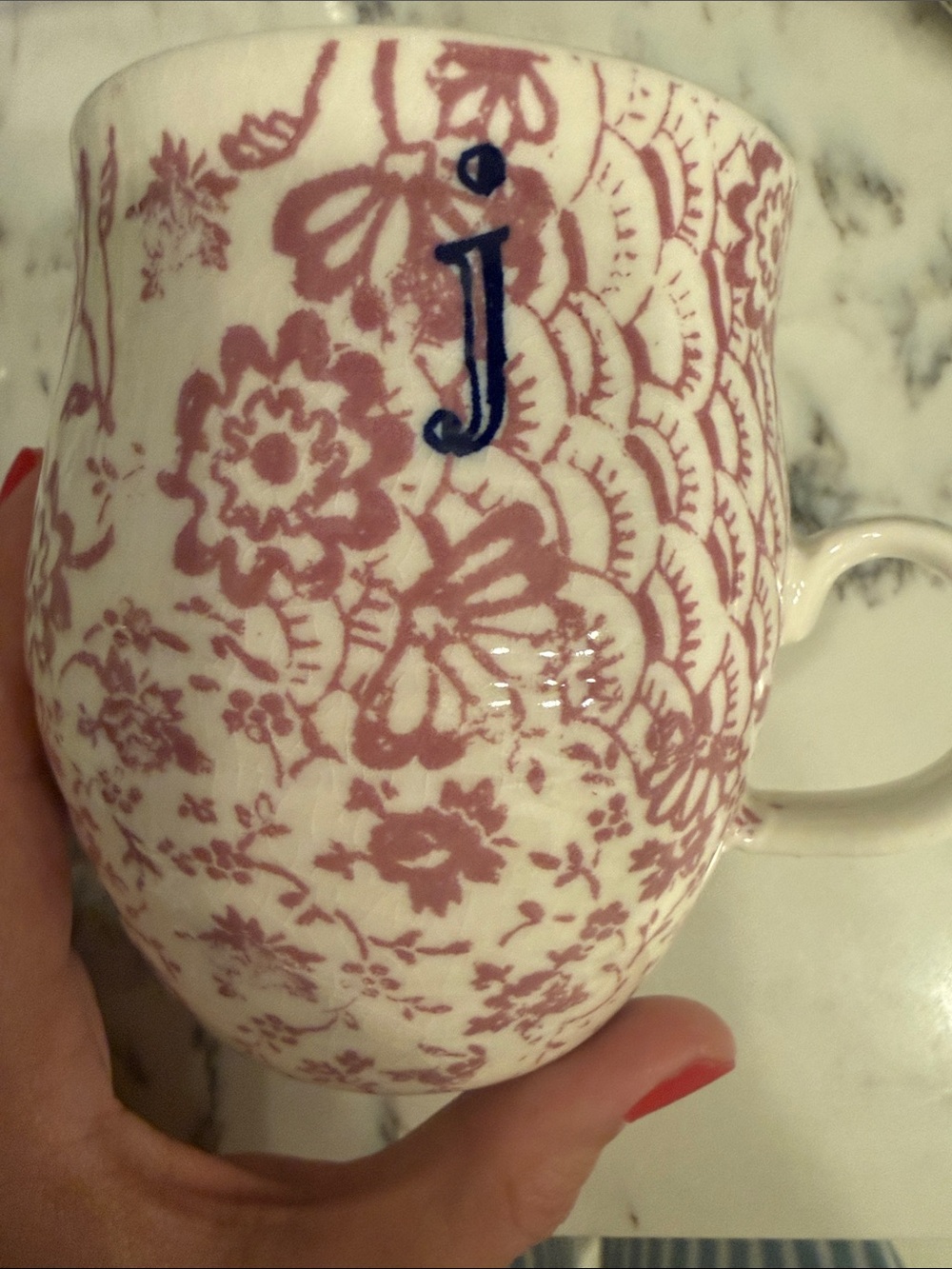 Anthropologie Monogram 'J' Floral Pink Ceramic Mug